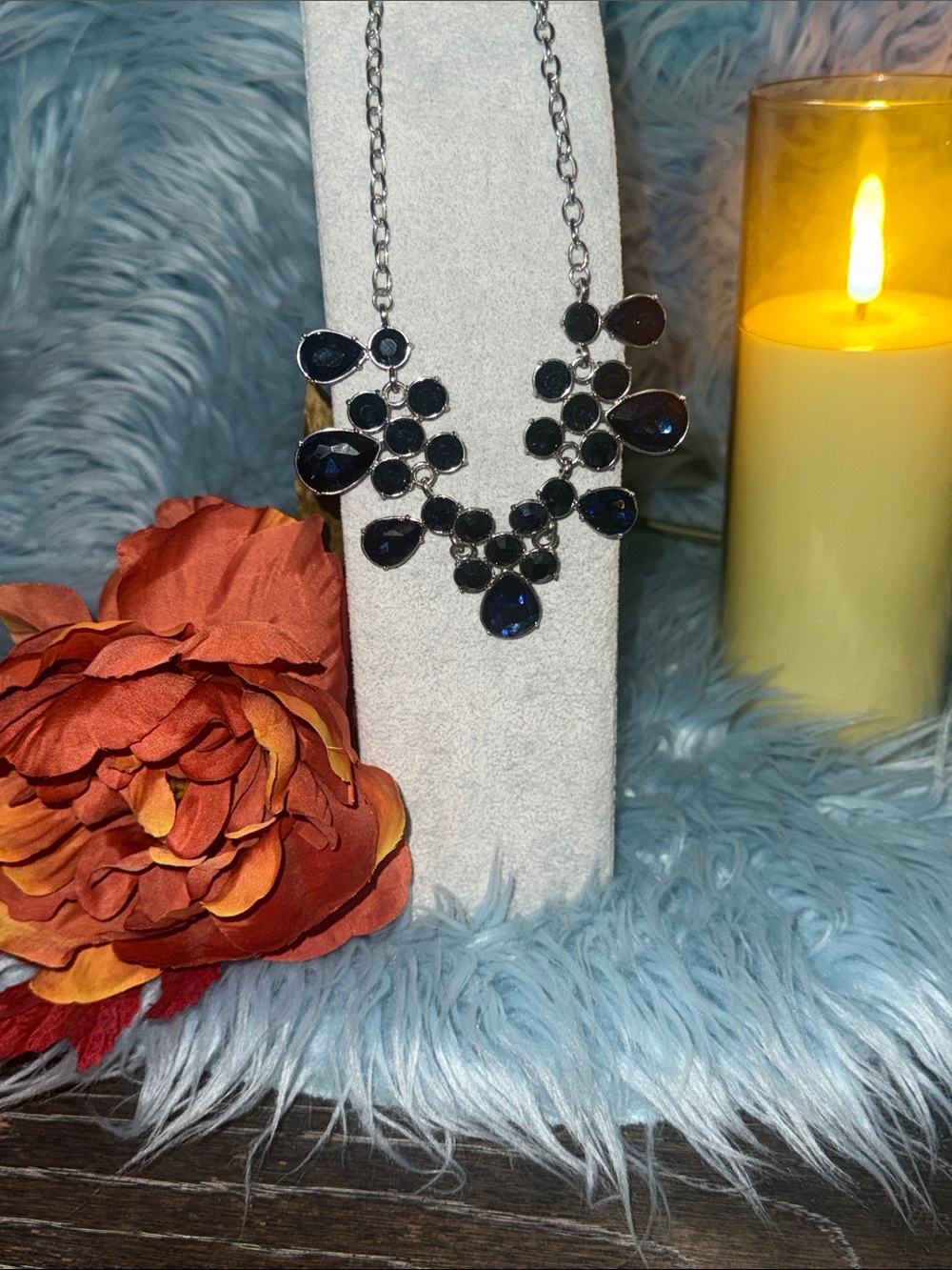 Navy Teardrop Bib Necklace on Silver Chain